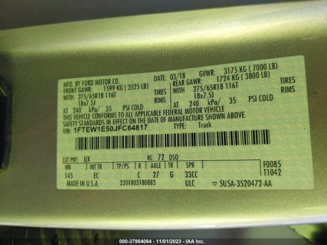 1FTEW1E50JFC64817 Ford F-150 Lariat