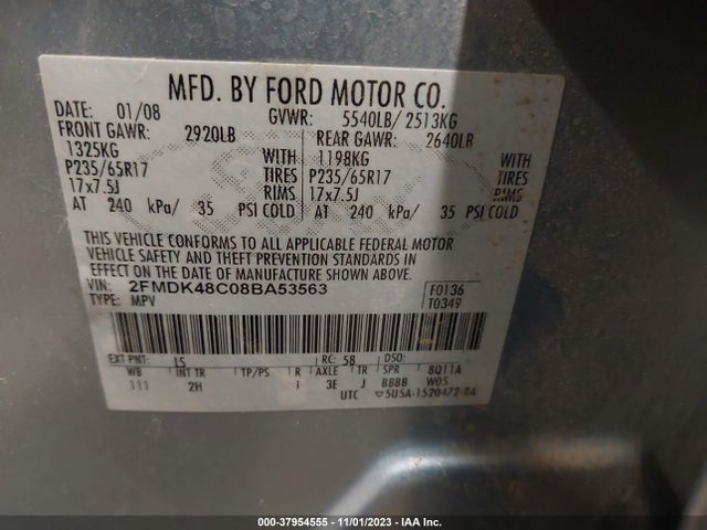 2008 FORD EDGE SEL VIN: 2FMDK48C08BA53563