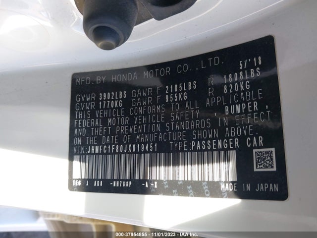 2018 HONDA CIVIC EX-L VIN: JHMFC1F80JX019451