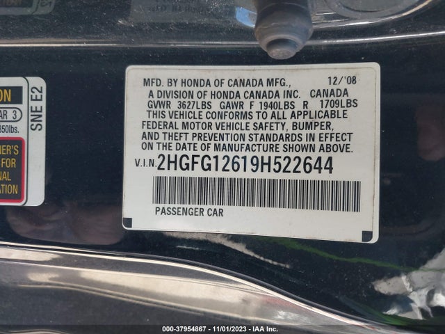 2009 HONDA CIVIC LX VIN: 2HGFG12619H522644