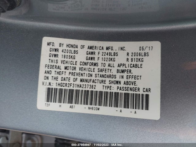 Honda ACCORD LX 2017 1HGCR2F31HA237362 Image 9