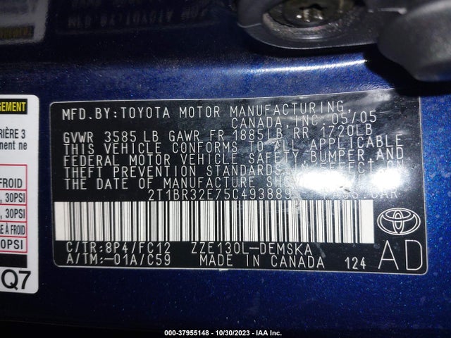 2005 TOYOTA COROLLA CE/S/LE VIN: 2T1BR32E75C493889