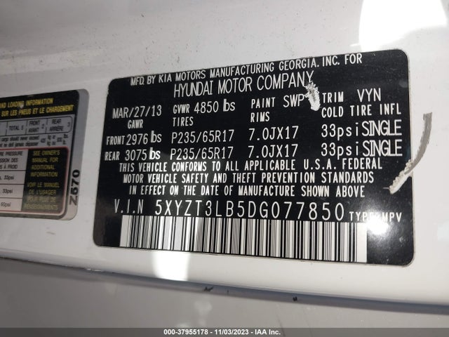2013 HYUNDAI SANTA FE SPORT VIN: 5XYZT3LB5DG077850