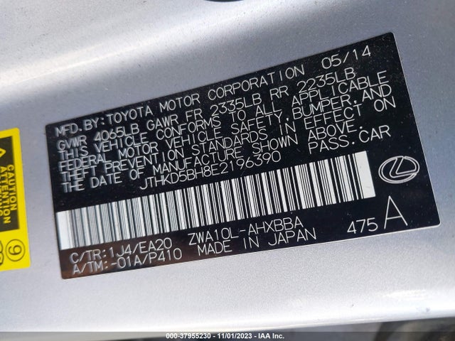JTHKD5BH8E2196390 Lexus Ct 200h Hybrid
