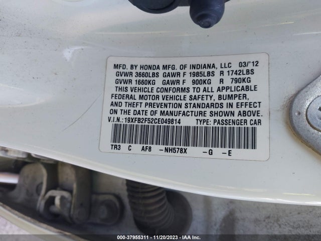 2012 HONDA CIVIC SDN LX VIN: 19XFB2F52CE049814