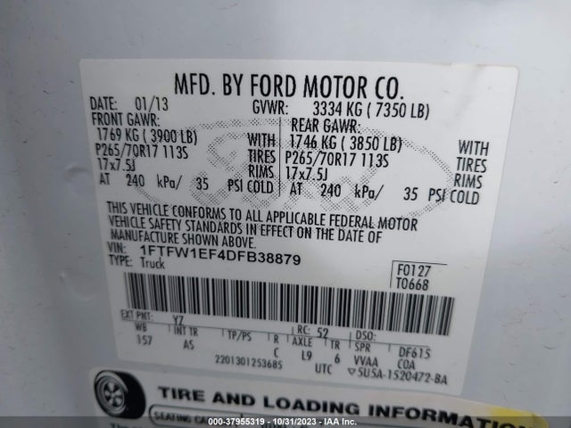 2013 FORD F-150 XL/XLT/FX4/LARIAT VIN: 1FTFW1EF4DFB38879