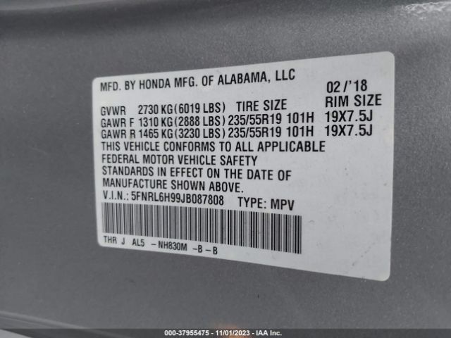 5FNRL6H99JB087808 Honda Odyssey Elite