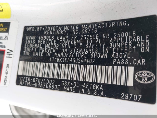 2016 TOYOTA AVALON XLE VIN: 4T1BK1EB4GU241402