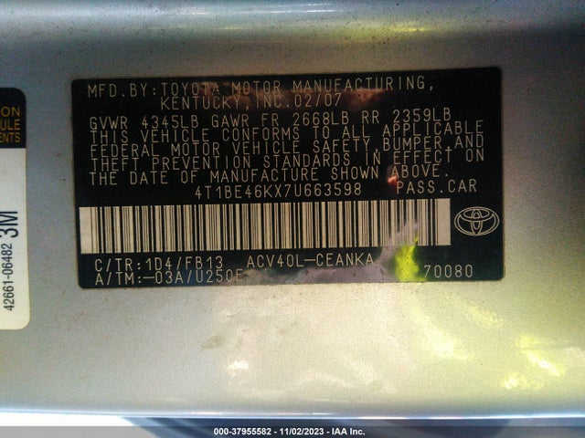 2007 TOYOTA CAMRY LE VIN: 4T1BE46KX7U663598