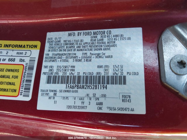 2017 FORD MUSTANG V6 VIN: 1FA6P8AM2H5281194