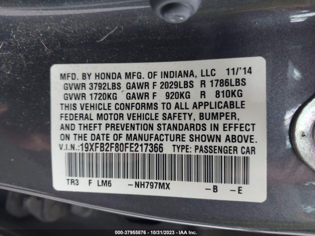 2015 HONDA CIVIC EX VIN: 19XFB2F80FE217366