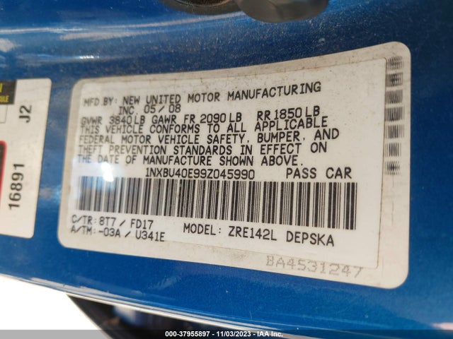 2009 TOYOTA COROLLA VIN: 1NXBU40E99Z045990