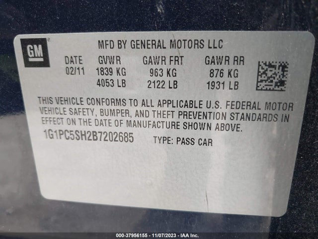 2011 CHEVROLET CRUZE LS VIN: 1G1PC5SH2B7202685