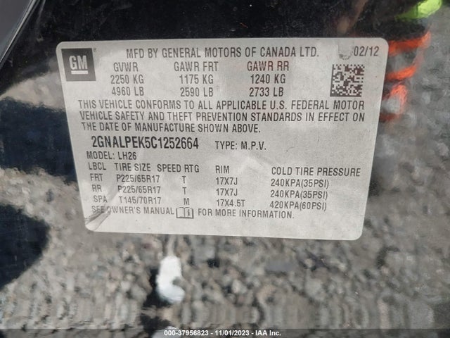 2012 CHEVROLET EQUINOX 2LT VIN: 2GNALPEK5C1252664