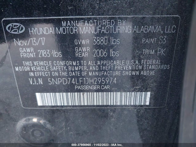 2018 HYUNDAI ELANTRA SE VIN: 5NPD74LF1JH295974