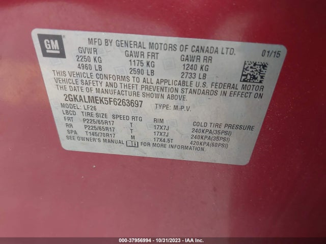 GMC Terrain Sle-1 2015 2GKALMEK5F6263697 Image 9