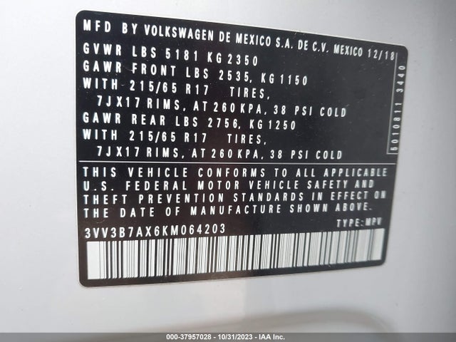 2019 VOLKSWAGEN TIGUAN 2.0T SE/2.0T SEL/2.0T SEL R-LINE/2.0T SEL R-LINE BLACK VIN: 3VV3B7AX6KM064203