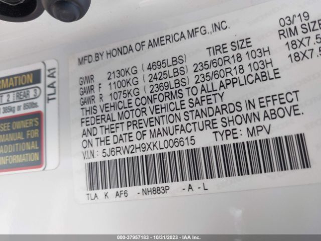5J6RW2H9XKL006615 Honda Cr-v Touring