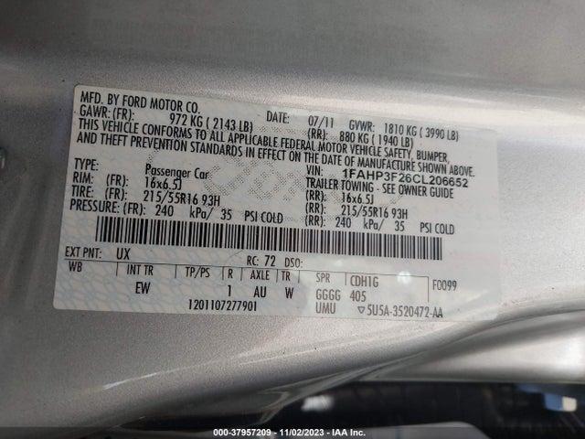 2012 FORD FOCUS SE VIN: 1FAHP3F26CL206652