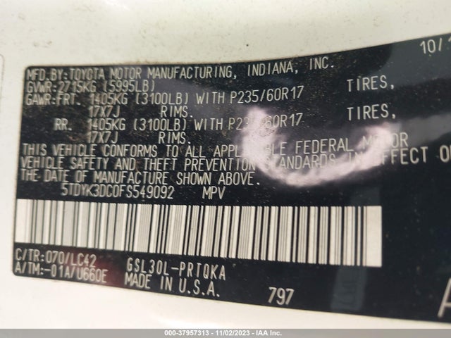 Toyota Sienna Xle 8 Passenger 2015 5TDYK3DC0FS549092 Image 9