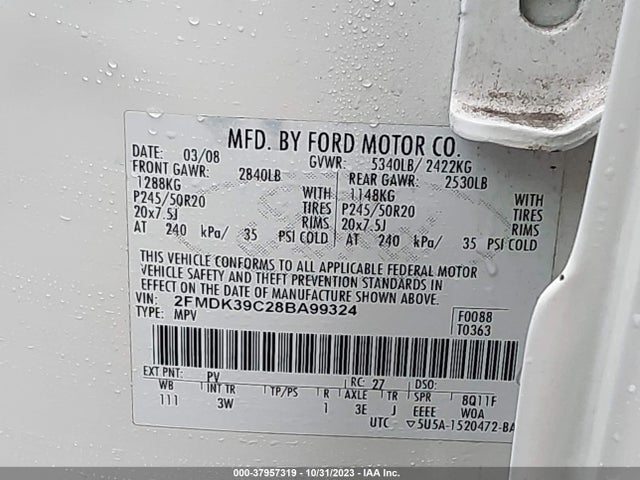 2008 FORD EDGE LIMITED VIN: 2FMDK39C28BA99324