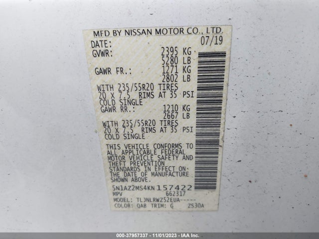 2019 NISSAN MURANO SL VIN: 5N1AZ2MS4KN157422