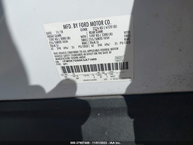 2019 FORD EXPLORER XLT VIN: 1FM5K7D86KGA71489