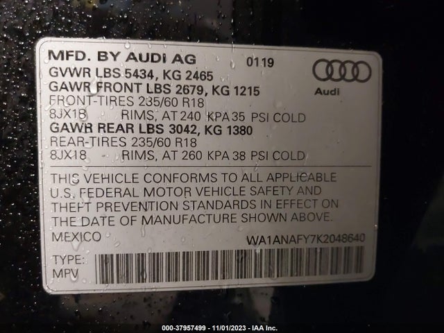 2019 AUDI Q5 45 PREMIUM VIN: WA1ANAFY7K2048640