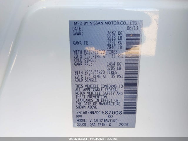 2013 NISSAN PATHFINDER PLATINUM VIN: 5N1AR2MN2DC687008
