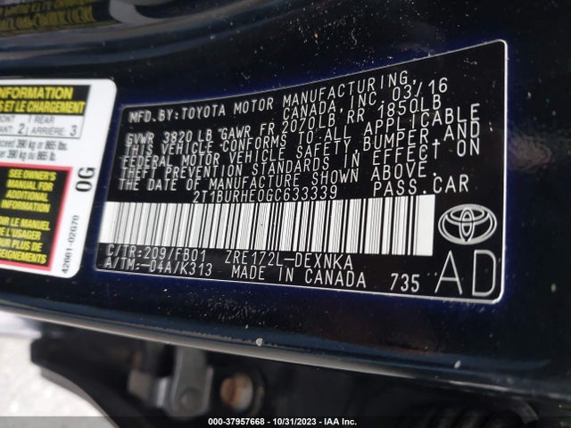 2016 TOYOTA COROLLA LE VIN: 2T1BURHE0GC633339