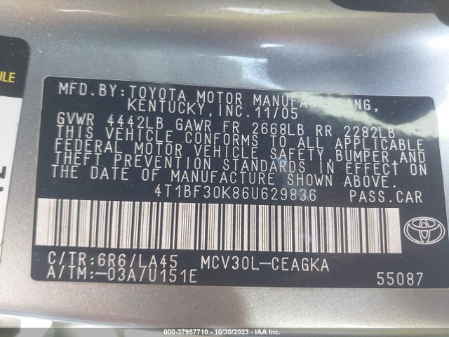 2006 TOYOTA CAMRY XLE V6 VIN: 4T1BF30K86U629836
