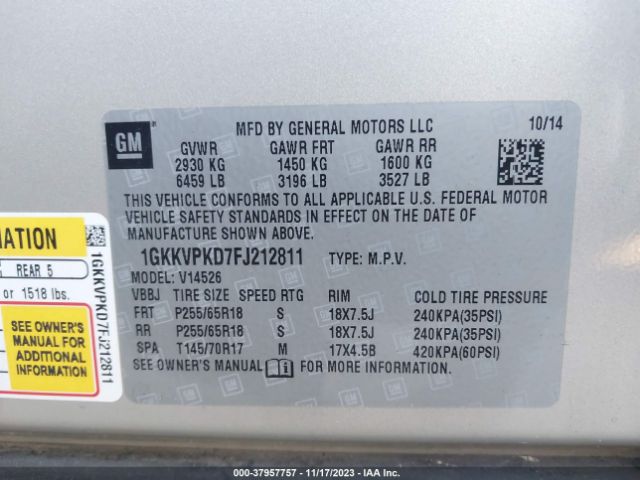 1GKKVPKD7FJ212811 GMC Acadia Sle-2