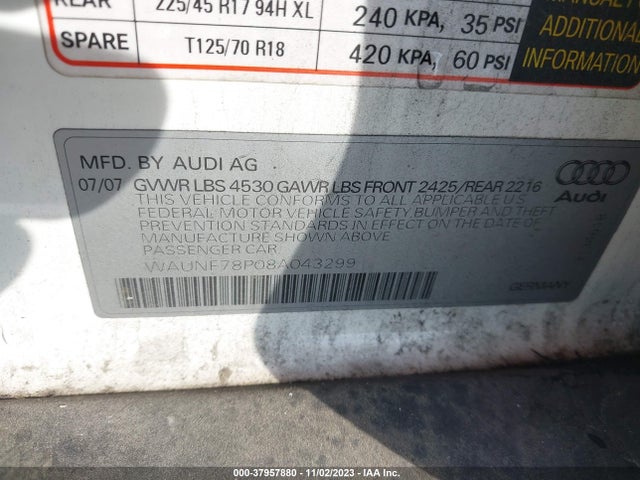2008 AUDI A3 2.0T VIN: WAUNF78P08A043299