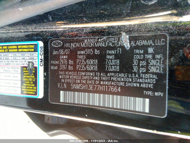 2007 HYUNDAI SANTA FE LIMITED/SE VIN: 5NMSH13E77H117664