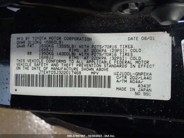 2002 TOYOTA LAND CRUISER BASE (A4) VIN: JTEHT05J322017468