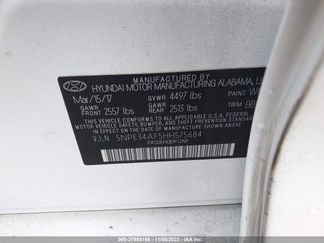 2017 HYUNDAI SONATA SPORT VIN: 5NPE34AF5HH575684