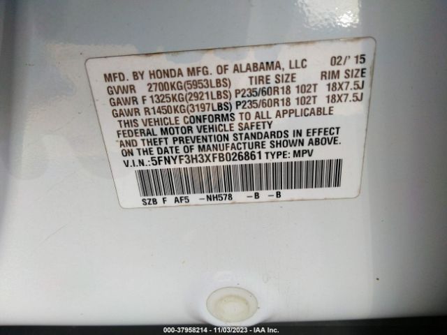 5FNYF3H3XFB026861 Honda PILOT SE