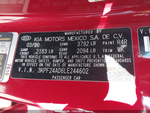 2020 KIA FORTE LXS VIN: 3KPF24AD6LE244602