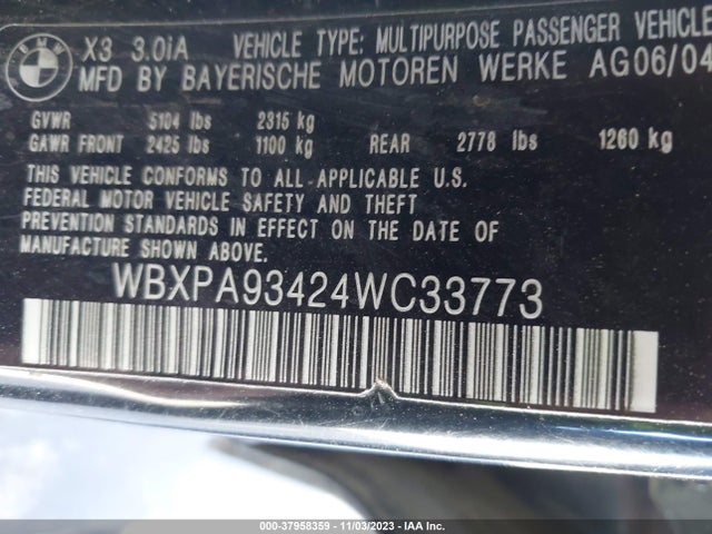 2004 BMW X3 3.0I VIN: WBXPA93424WC33773