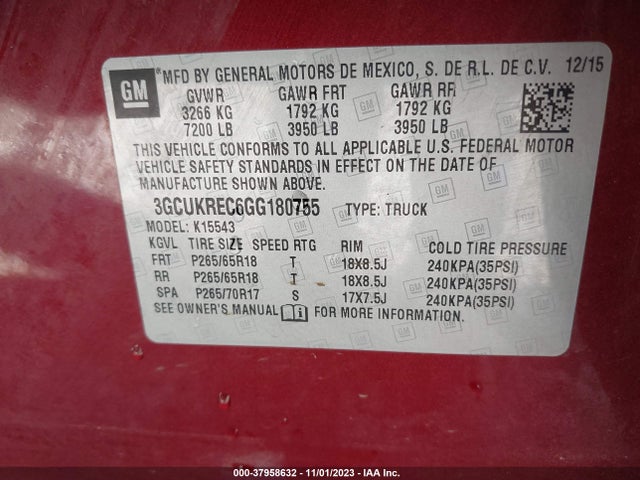 2016 CHEVROLET SILVERADO 1500 2LT VIN: 3GCUKREC6GG180755
