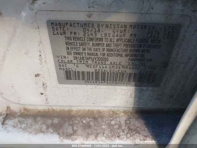 2018 NISSAN SENTRA SV VIN: 3N1AB7AP5JY300050