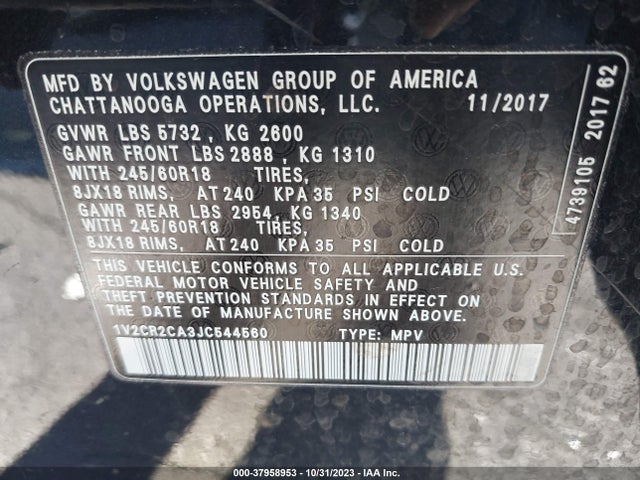 1V2CR2CA3JC544560 Volkswagen Atlas 3.6l V6 Se