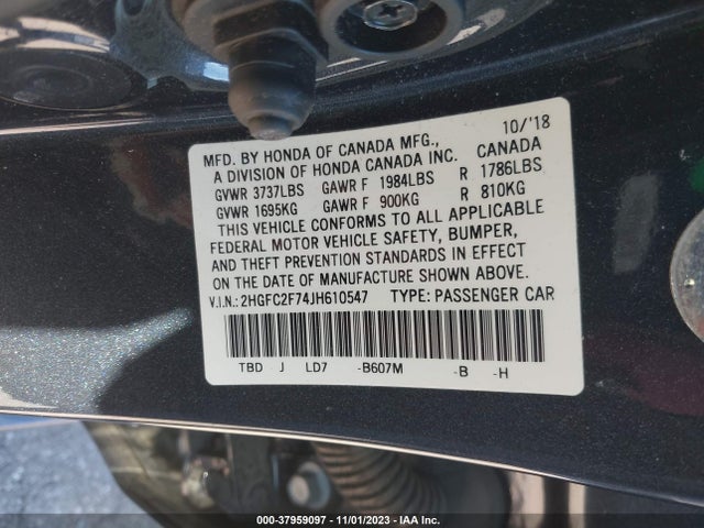 2018 HONDA CIVIC EX VIN: 2HGFC2F74JH610547