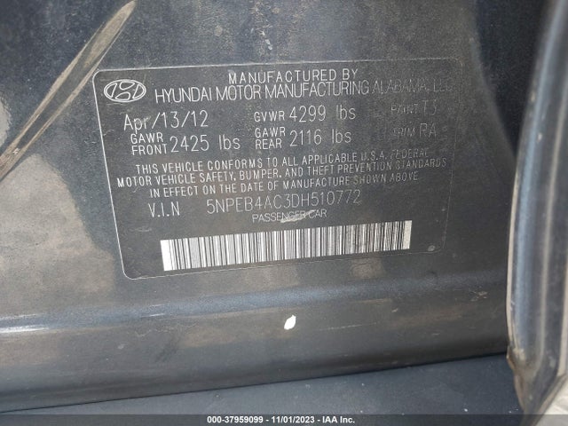 2013 HYUNDAI SONATA GLS VIN: 5NPEB4AC3DH510772