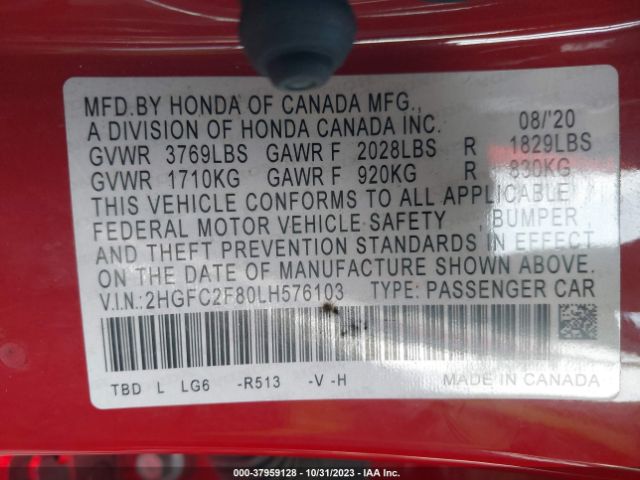 2HGFC2F80LH576103 Honda Civic Sport