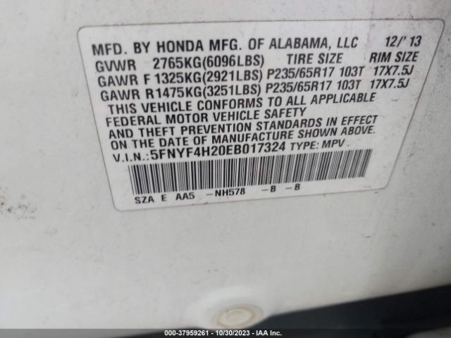 5FNYF4H20EB017324 Honda PILOT LX