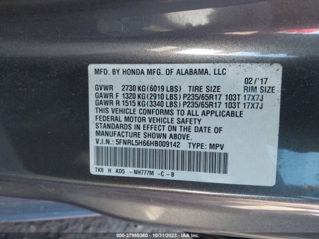 5FNRL5H66HB009142 Honda Odyssey Ex-l