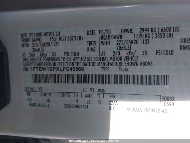 2020 FORD F-150 XL VIN: 1FTEW1EPXLFC45566