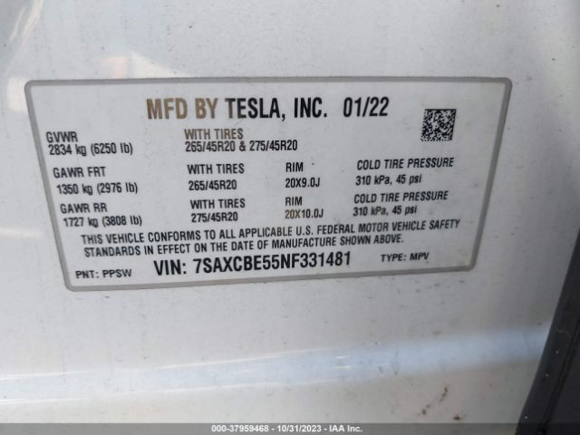 7SAXCBE55NF331481 Tesla Model X Dual Motor All-wheel Drive