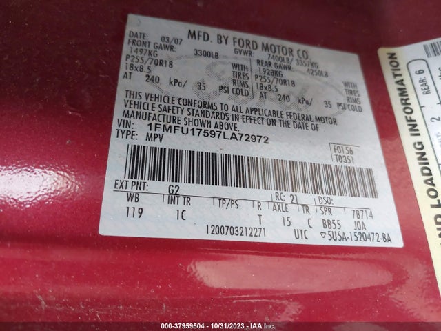 2007 FORD EXPEDITION EDDIE BAUER VIN: 1FMFU17597LA72972
